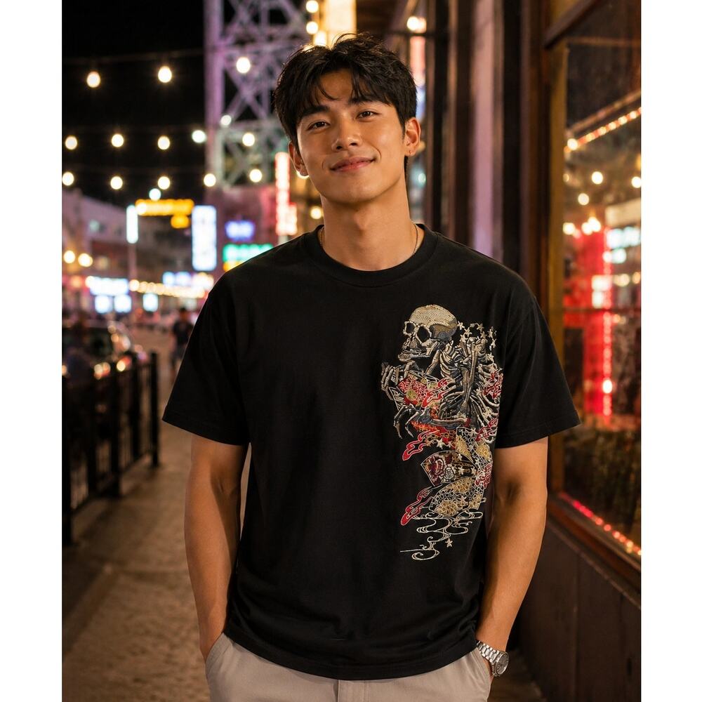 Shyang Jiun Graphic Skull Dragon Shirt Mens Large Black NWT Ed Hardy Style